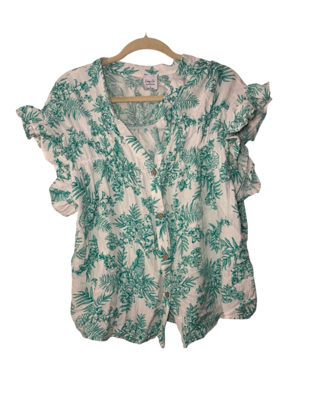 Cozy Co. White and Green Floral Button-Front Blouse